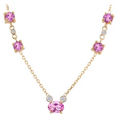 Collier en or jaune 18 pouces avec saphirs de Ceylan roses et diamants de 2,82 carats