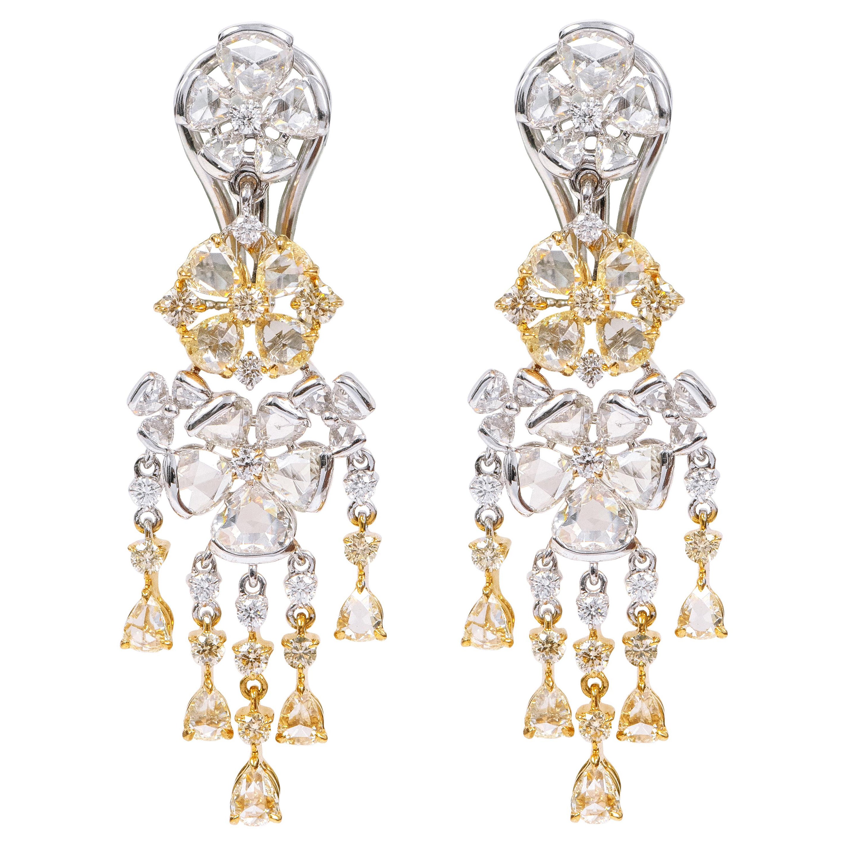 18 Karat Gold 5.23 Carat Fancy Yellow and White Diamond Dangle Earrings For Sale