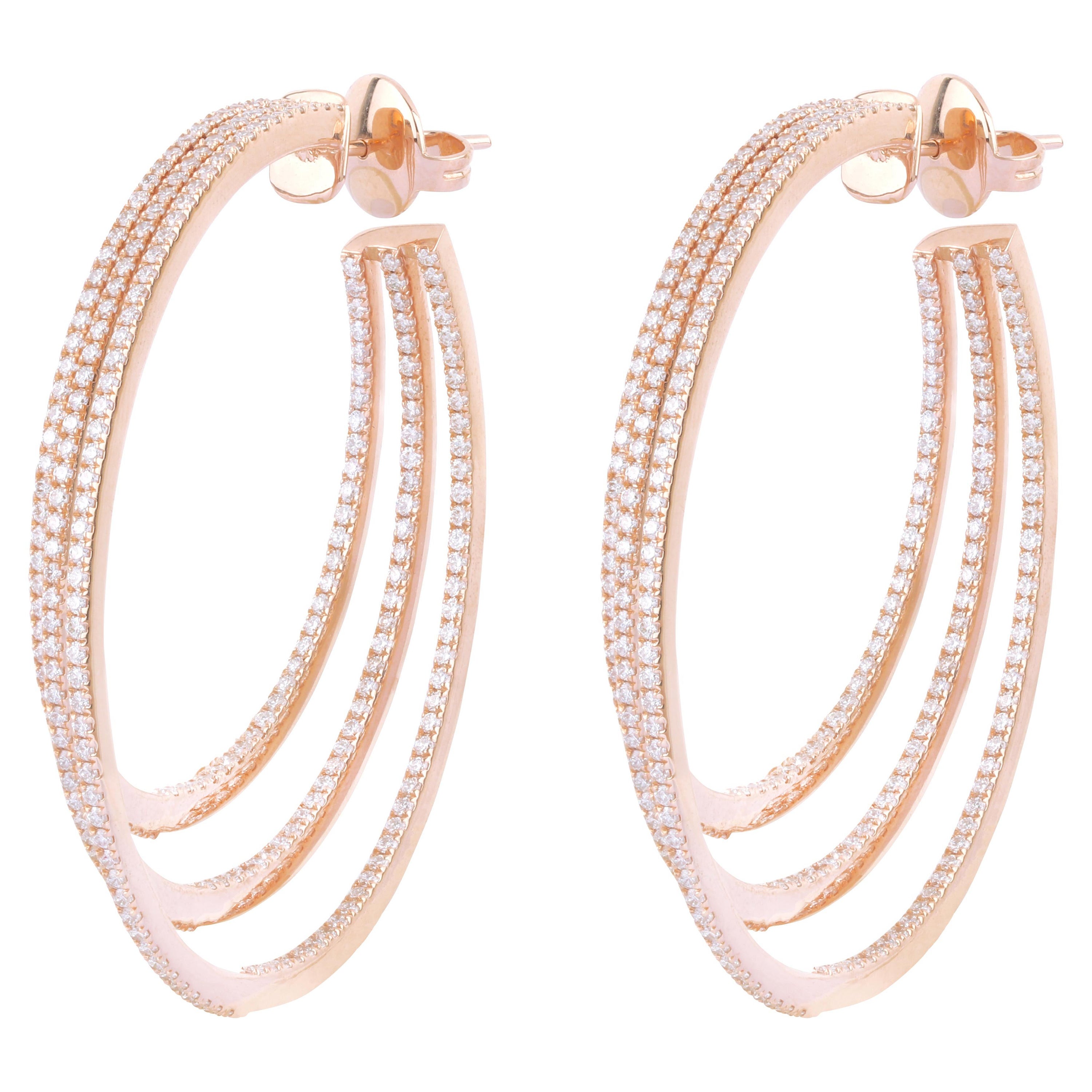 18 Karat Rose Gold 5.01 Carat Brilliant-Cut Diamond Three-Row Hoop Earrings  For Sale