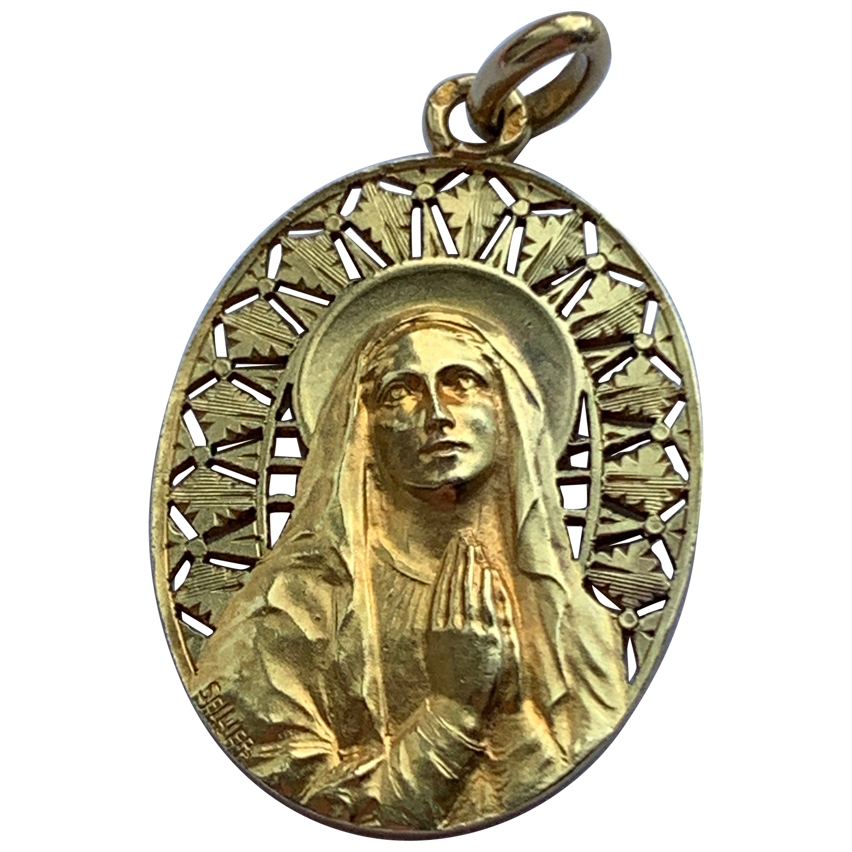 French Antique 18ct Gold Virgin Mary signed Sellier  For Sale
