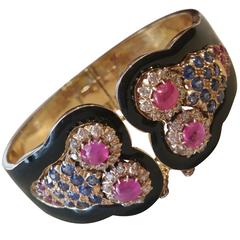 Antique Enamel Cuff Bracelet with Removable Dress Clips in 14 Yellow Gold