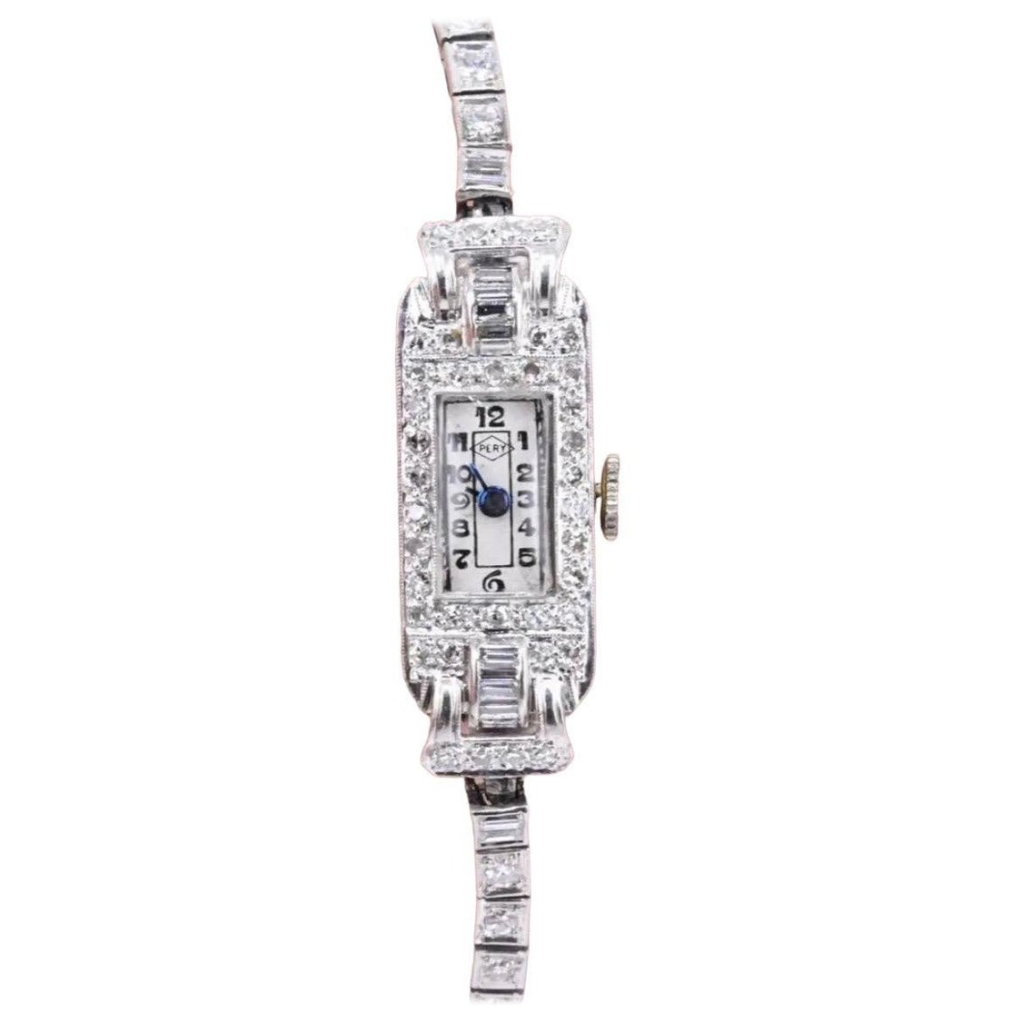 Platinum Art Deco Period Pery Ladies Diamond Watch 1.50 Carats 18.09 Grams