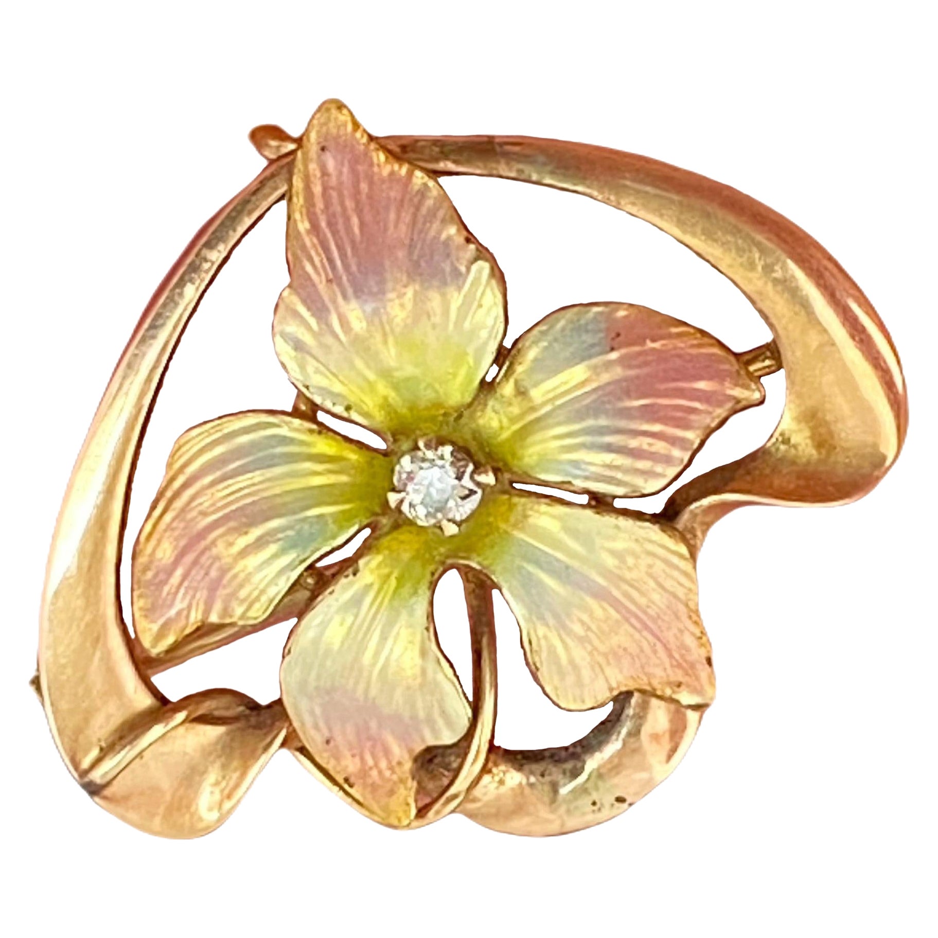 Art Nouveau Diamond Enamel 14K Rose Gold Flower Antique Watch Pin Brooch Pendant For Sale