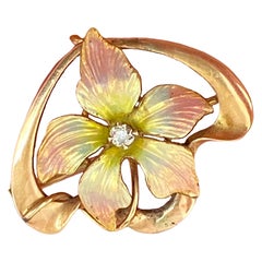 Antike Uhren-Anstecknadelbrosche, Jugendstil, Diamant-Emaille 14K Roségold mit Blumen-Anhänger