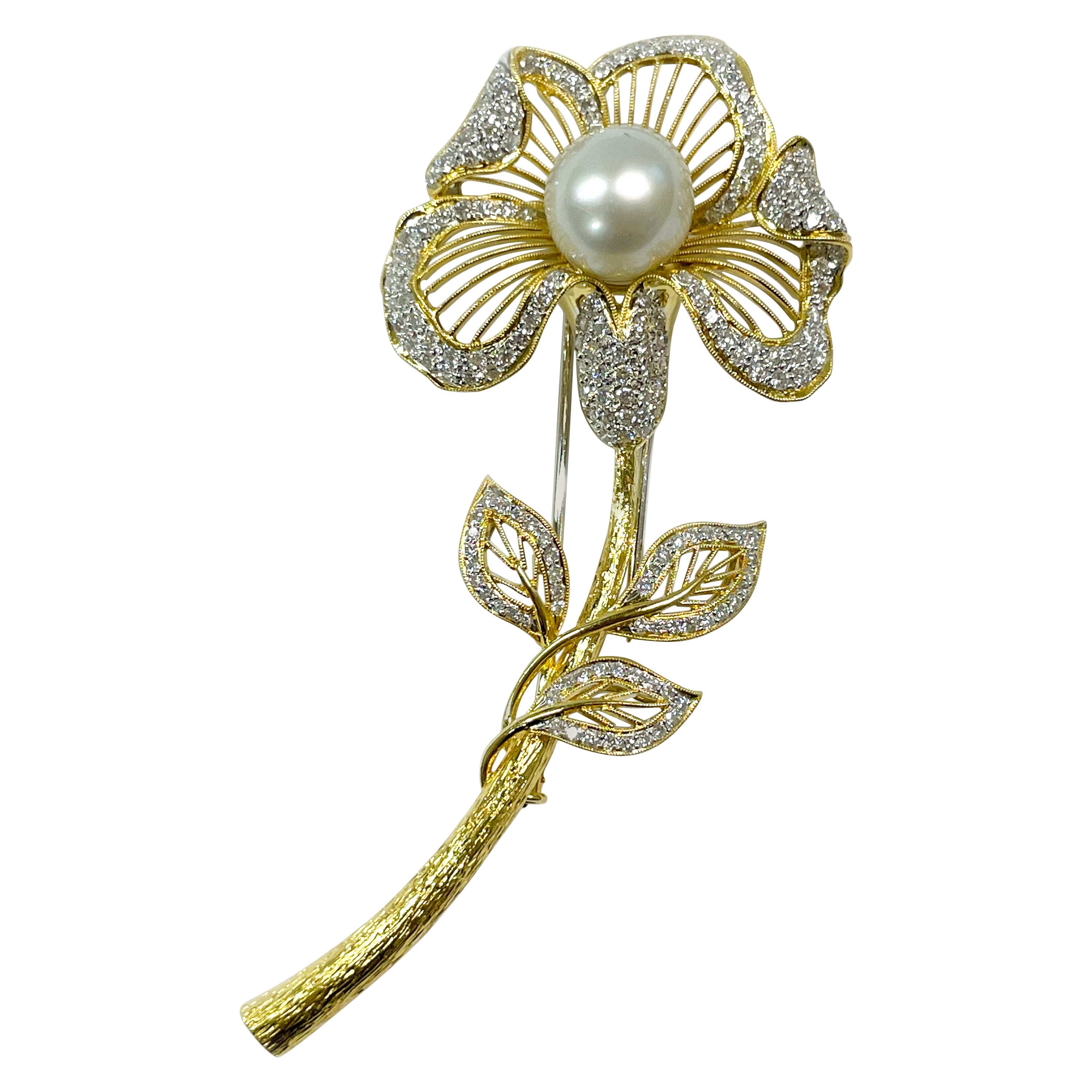Yellow Gold Diamond Pearl Flower Brooch For Sale