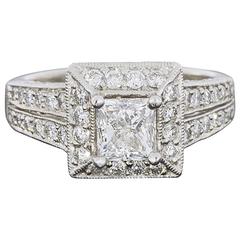 1.06 Carat IGL Princess Diamond Two Color Gold Split Shank Halo Engagement Ring