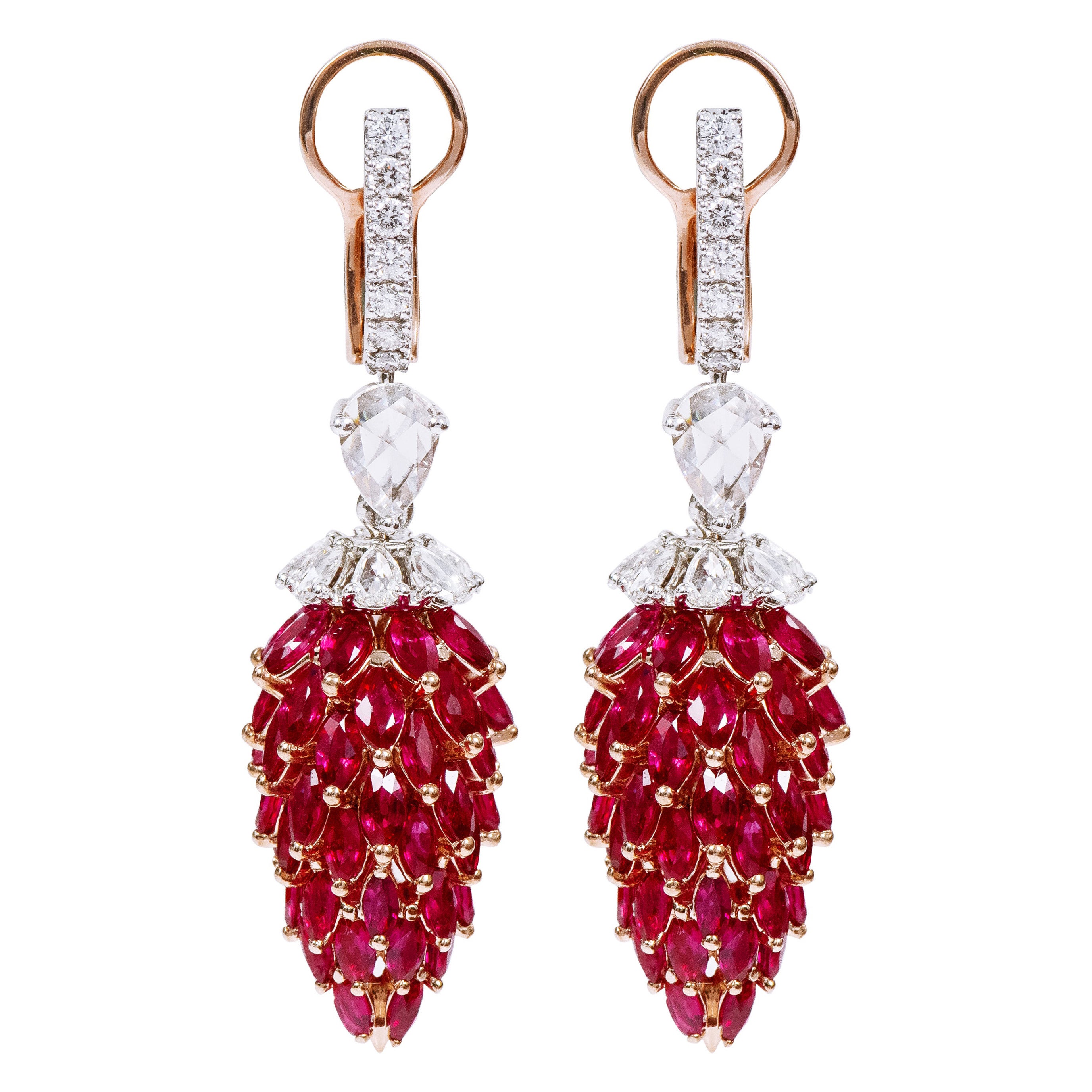 18 Karat Gold 16.77 Carat Pigeon-Blood Ruby and Diamond Drop Earrings For Sale