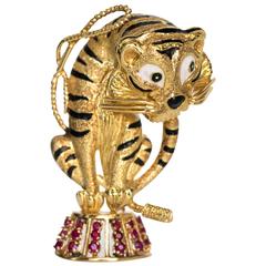 Retro 1980s Ruby Gold Tiger Cat Pin Brooch 