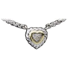 David Yurman Silver & Gold Pave Diamond Heart Pendant Necklace