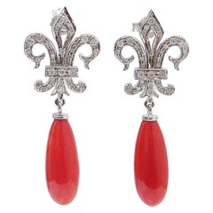 Coral, Diamonds, 14 Karat White Gold Dangle Earrings.