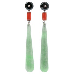 Jade, Coral, Onyx, Diamonds, Platinum Dangle Earrings.