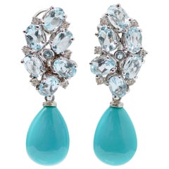 Turquoise, Topazs, Diamonds, 14 Karat White Gold Retrò Earrings.