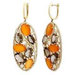 Stunning Diamond Carnelian Quartz Lever-Back Yellow 14k Gold Earrings for Her