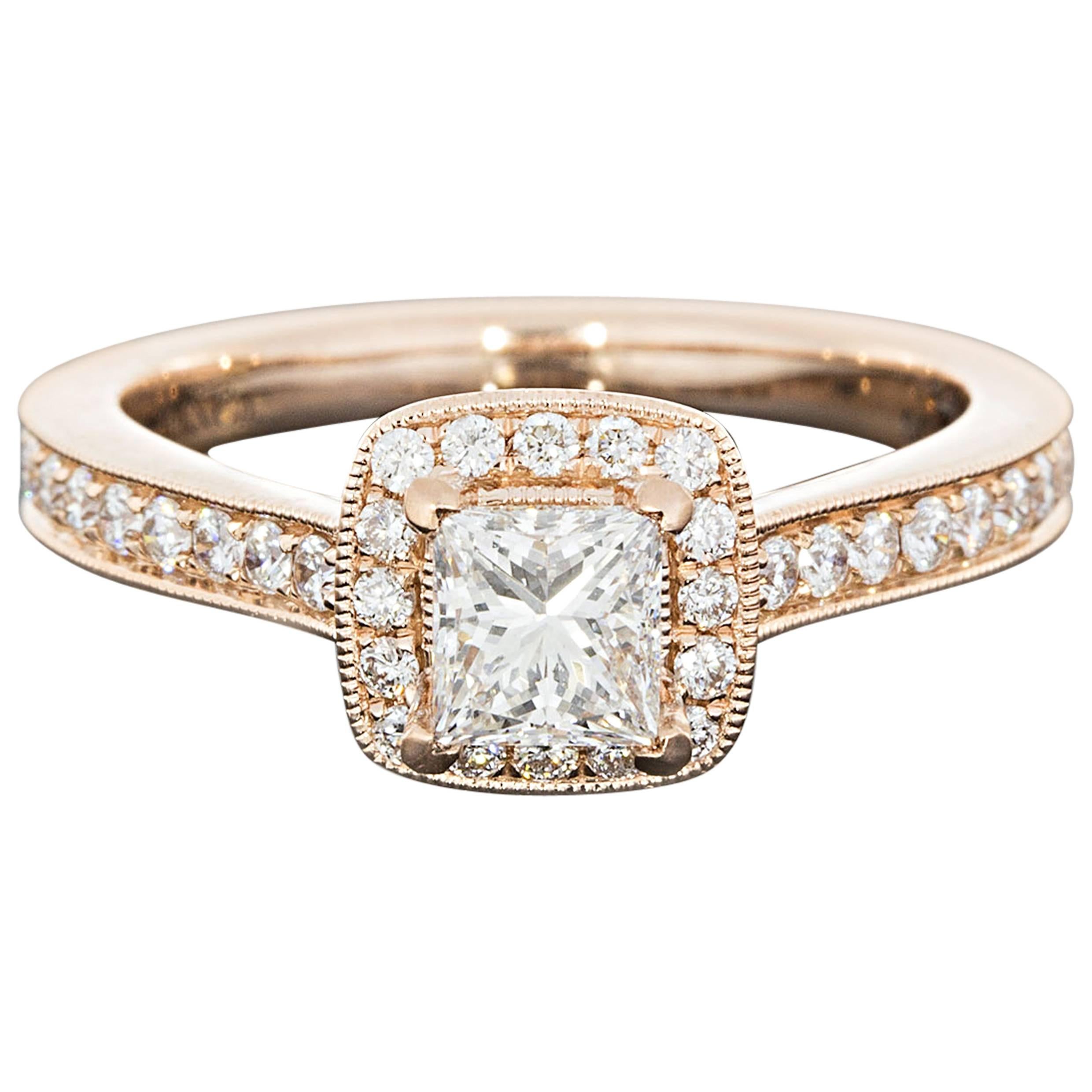 Gabriel & Co Princess Diamond Rose Gold Halo Milgrain Engagement Ring