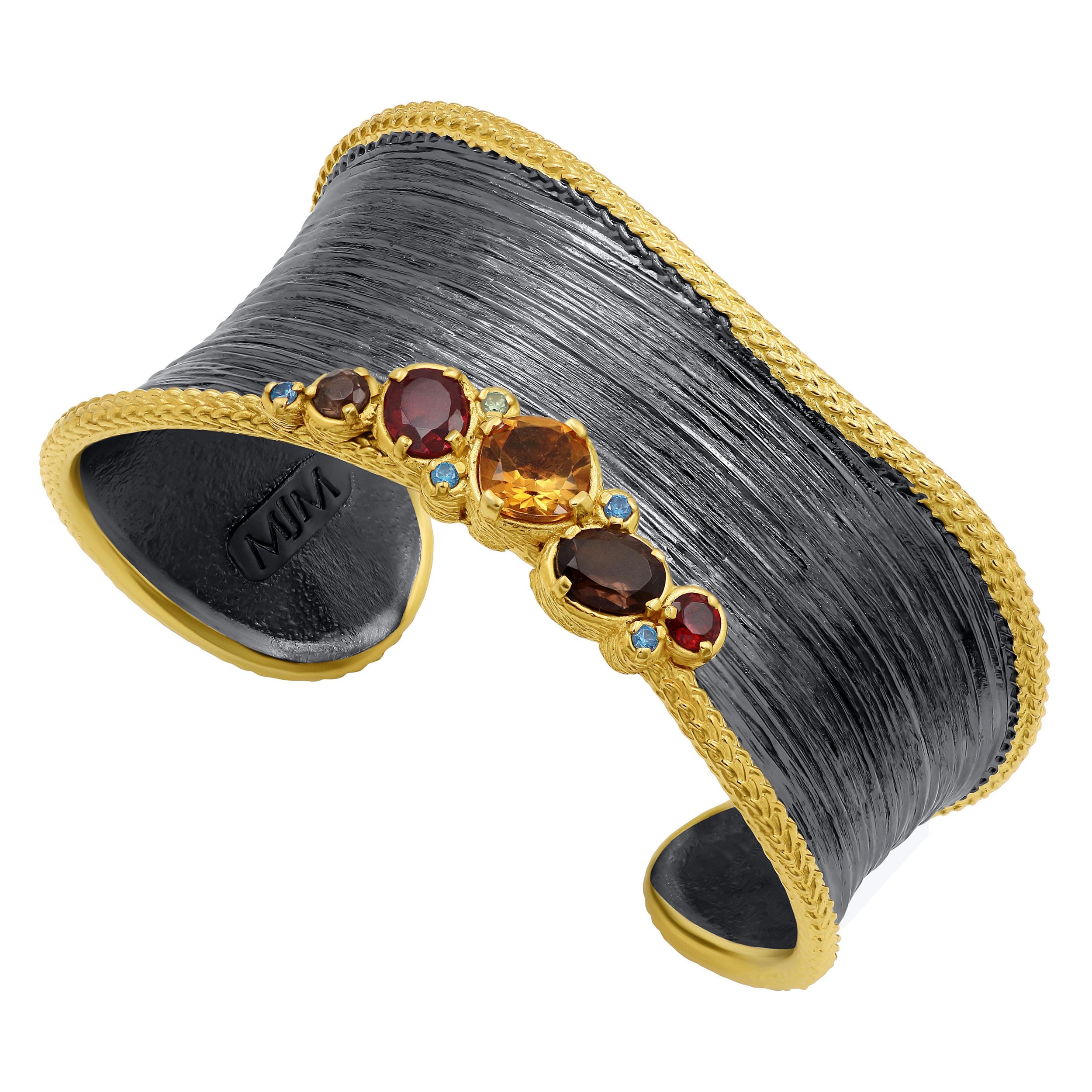 Wide Silver Cuff with Citrine, Smoke, Garnet and Blue Topaz For Sale