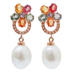 Pearls, Tanzanite, Multicolor Sapphires, Diamonds, 14 Karat Rose Gold Earrings.