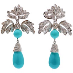 Retro Turquoise, Diamonds, Platinum Dangle Earrings.