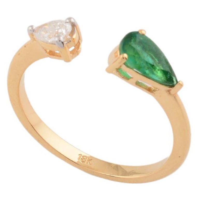 Natural Pear Zambian Emerald Gemstone Cuff Ring Diamond 18 Karat Yellow Gold For Sale