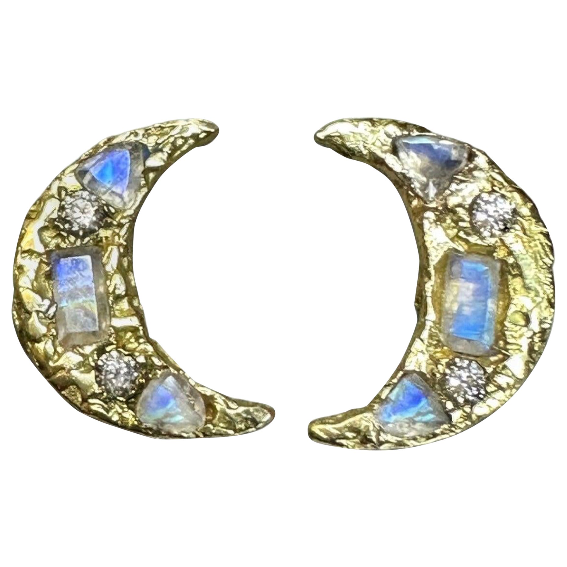 Moon Crescent stud Earrings Diamonds Moonstones in Gold one of a kind in stock For Sale
