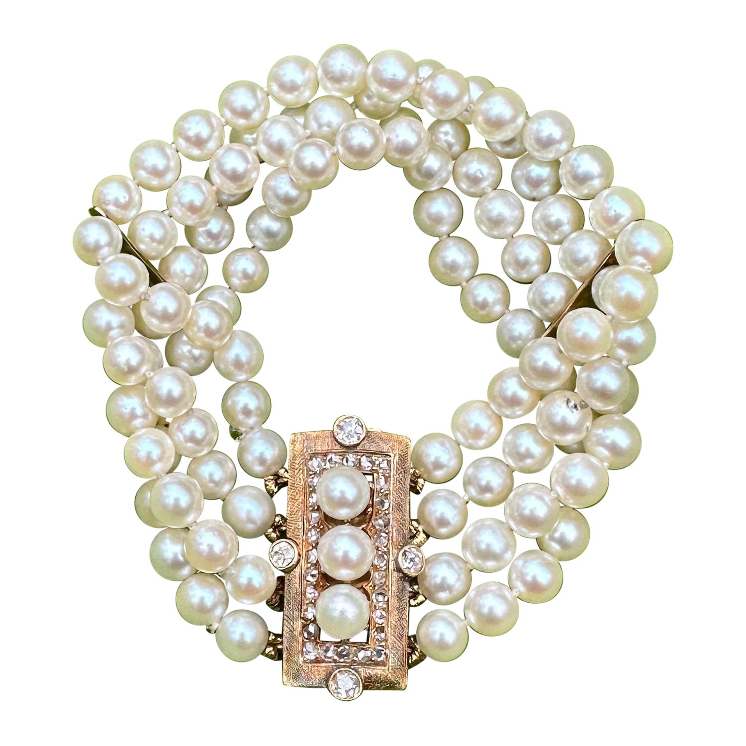 Old Mine Rose Cut Diamond Pearl Bracelet Antique Victorian Art Deco 14K Gold For Sale