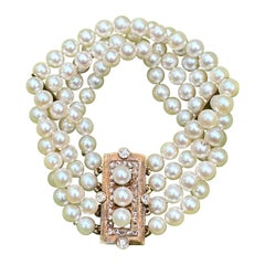 Old Mine Rose Cut Diamond Pearl Bracelet Antique Victorian Art Deco 14K Gold