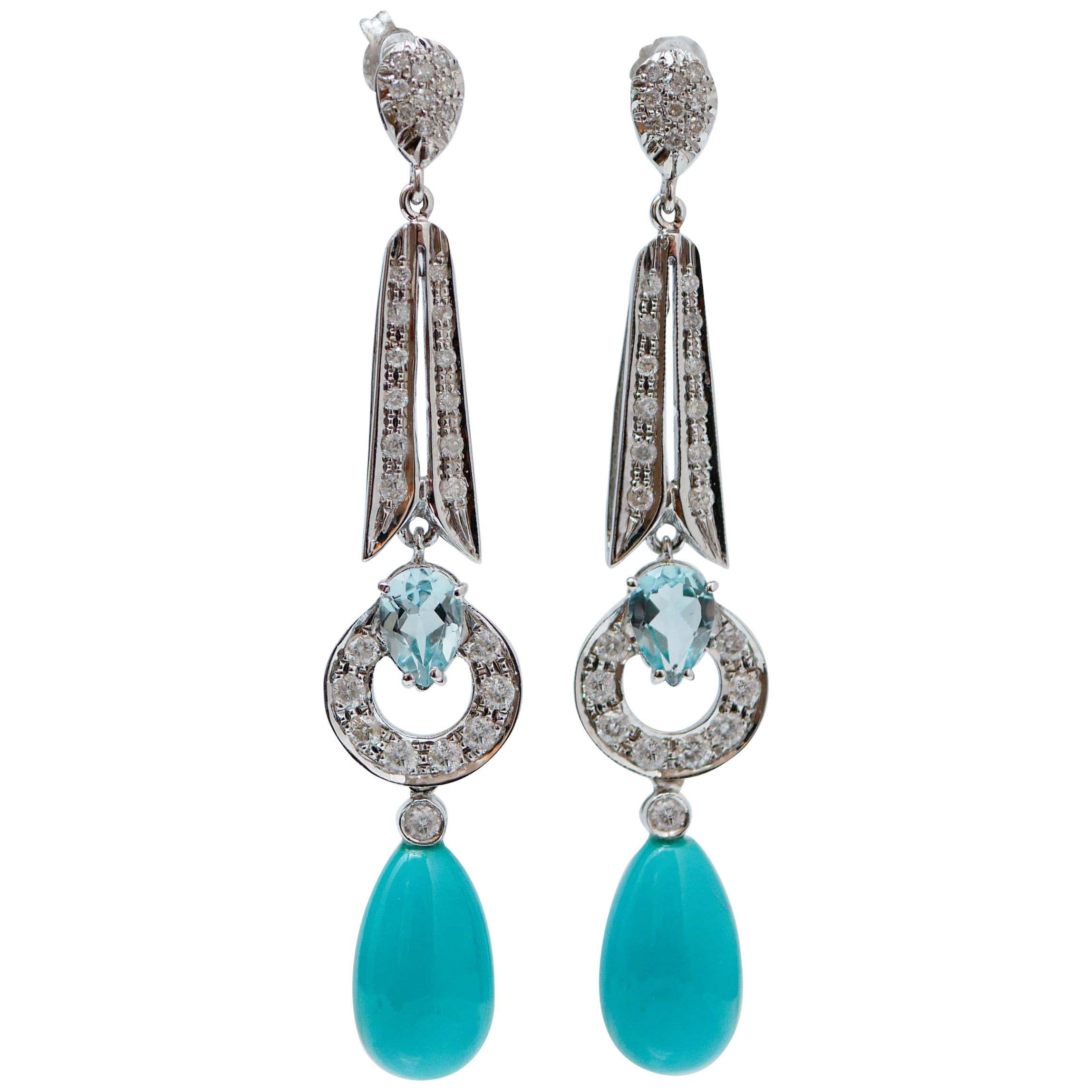 Turquoise, Topazs, Diamonds, 14 Karat White Gold Dangle Earrings.