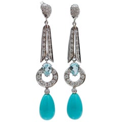 Turquoise, Topazs, Diamonds, 14 Karat White Gold Dangle Earrings.