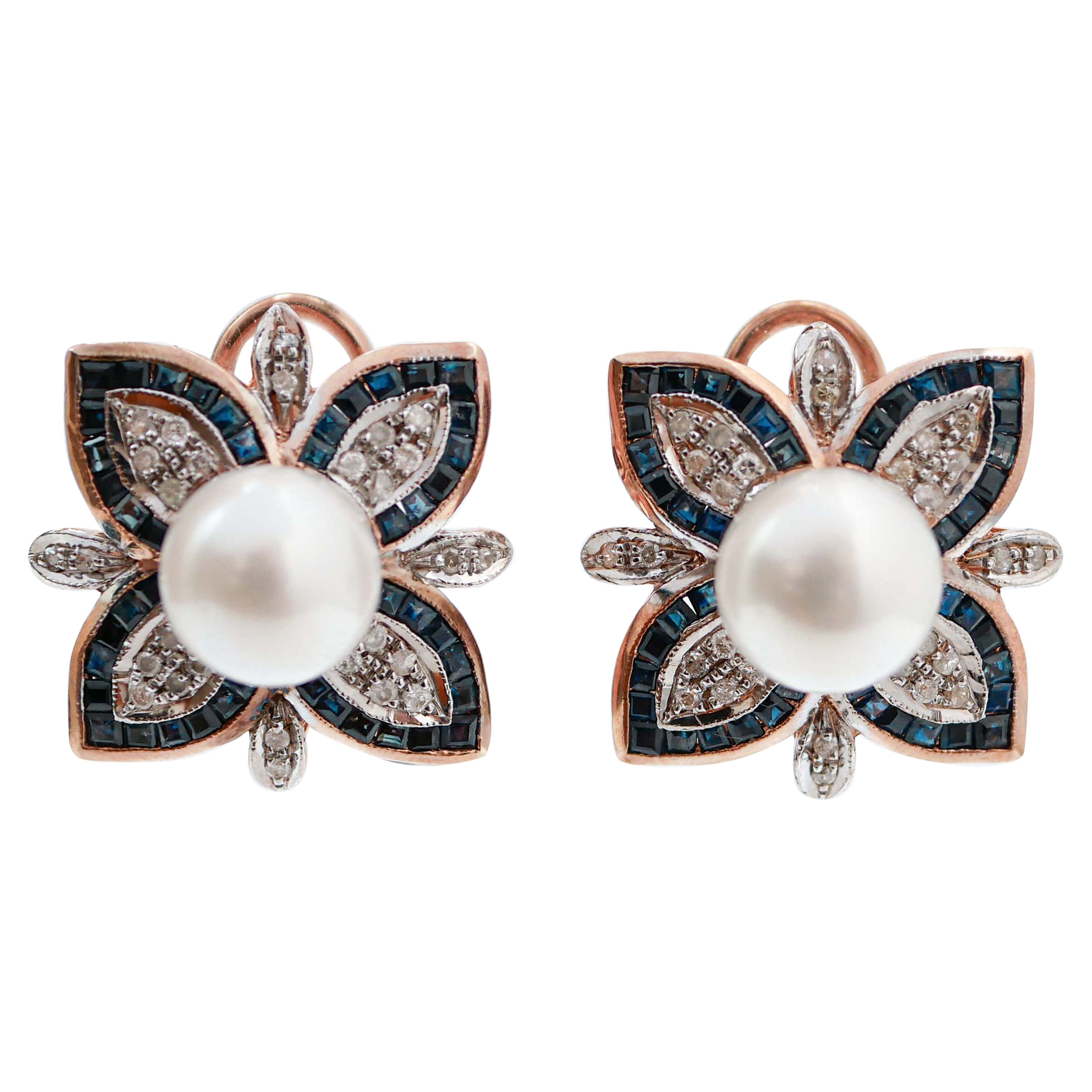 Boucles d'oreilles en or rose et argent avec saphirs, perles et diamants. en vente