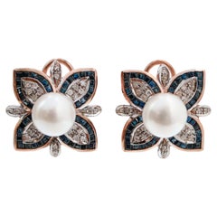 Sapphires, Pearls, Diamonds, Rose Gold and Silver Earrings.