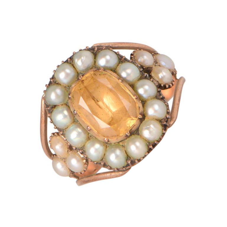 Antique 2.00ct Cushion Cut Citrine Cocktail Ring, Pearl Halo, Rose Gold
