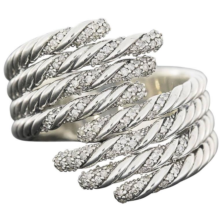 David Yurman Sterling Silver Pave Diamond Willow Open 4 Row Bypass Band Ring