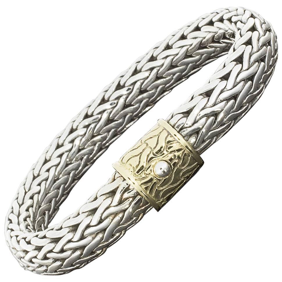 John Hardy Silver 10.5mm Wide Classic Woven Bracelet with Yellow Gold