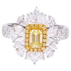 18 Karat Gold 2.54 Carat Fancy Yellow and Diamond Solitaire Cluster Modern Ring