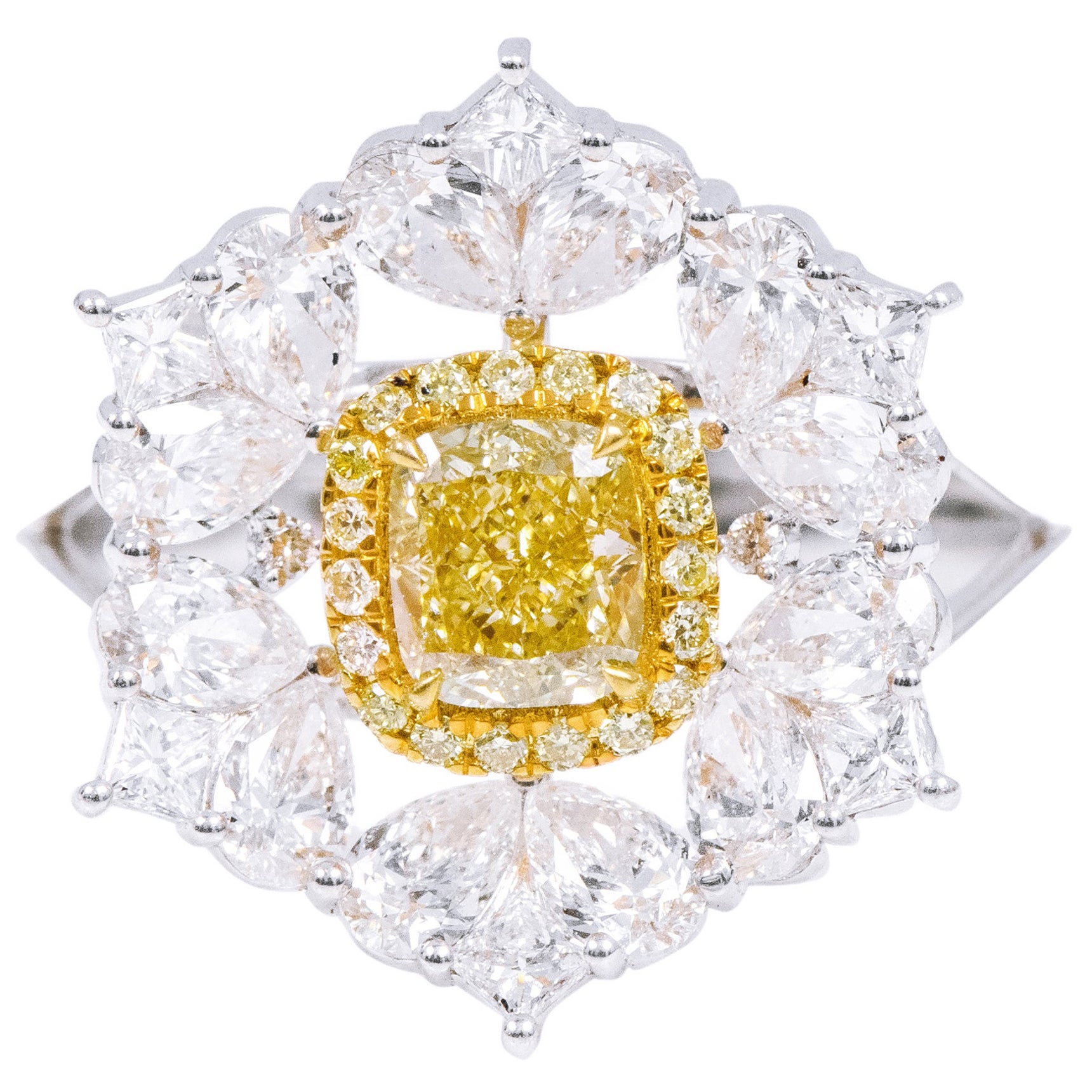 Bague cocktail solitaire en or 18 carats de couleur jaune fantaisie et diamants de 2,33 carats