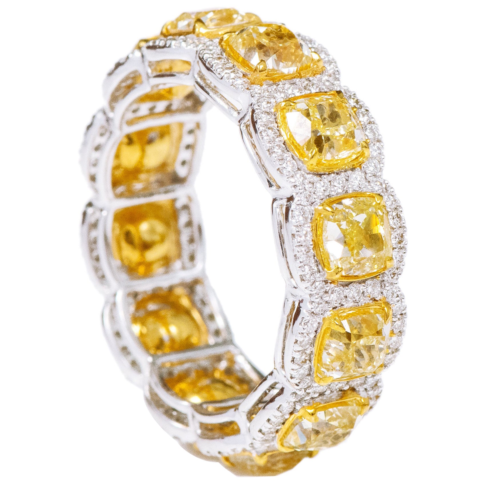 18 Karat Gold 6.84 Carat Fancy Yellow and Diamond Eternity Band Ring For Sale