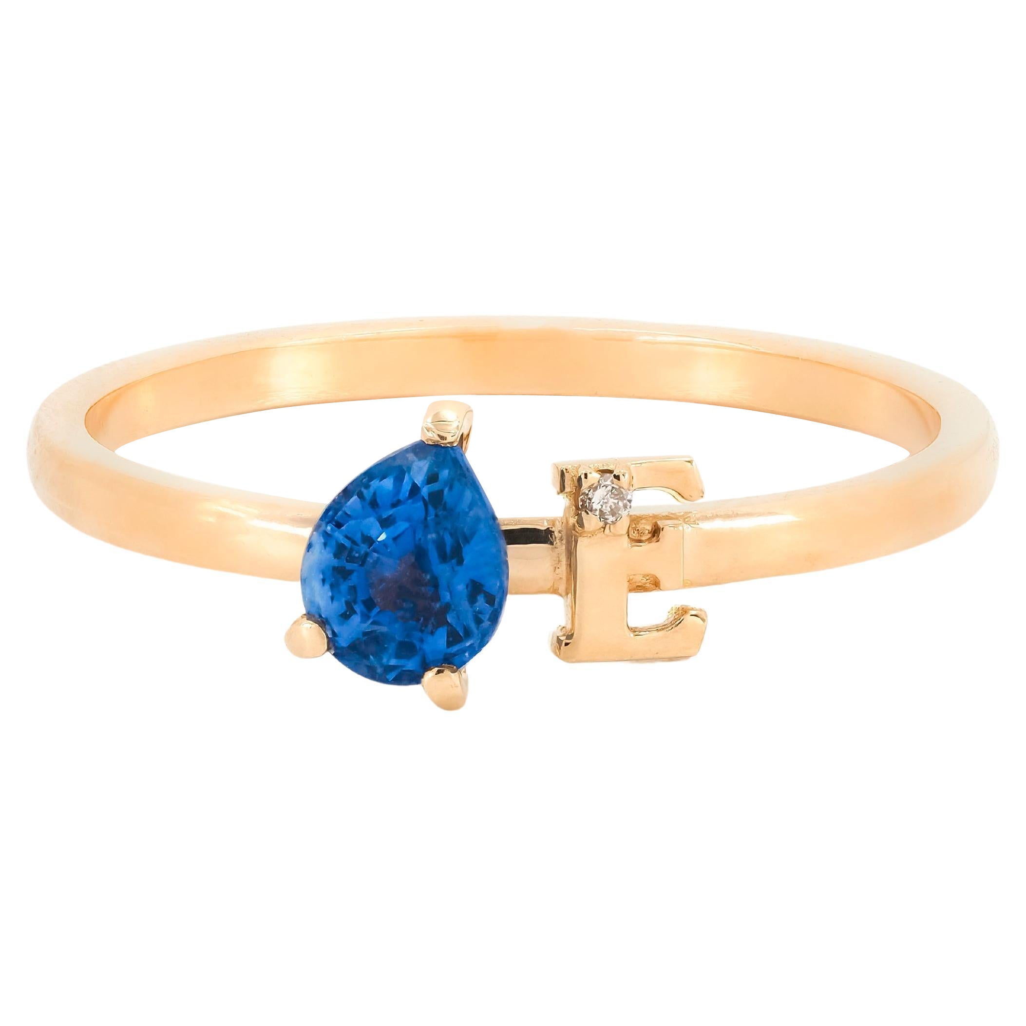 Blue Pear Sapphire 14 Karat Gold Ring, Custom Letter and Gemstone Ring.