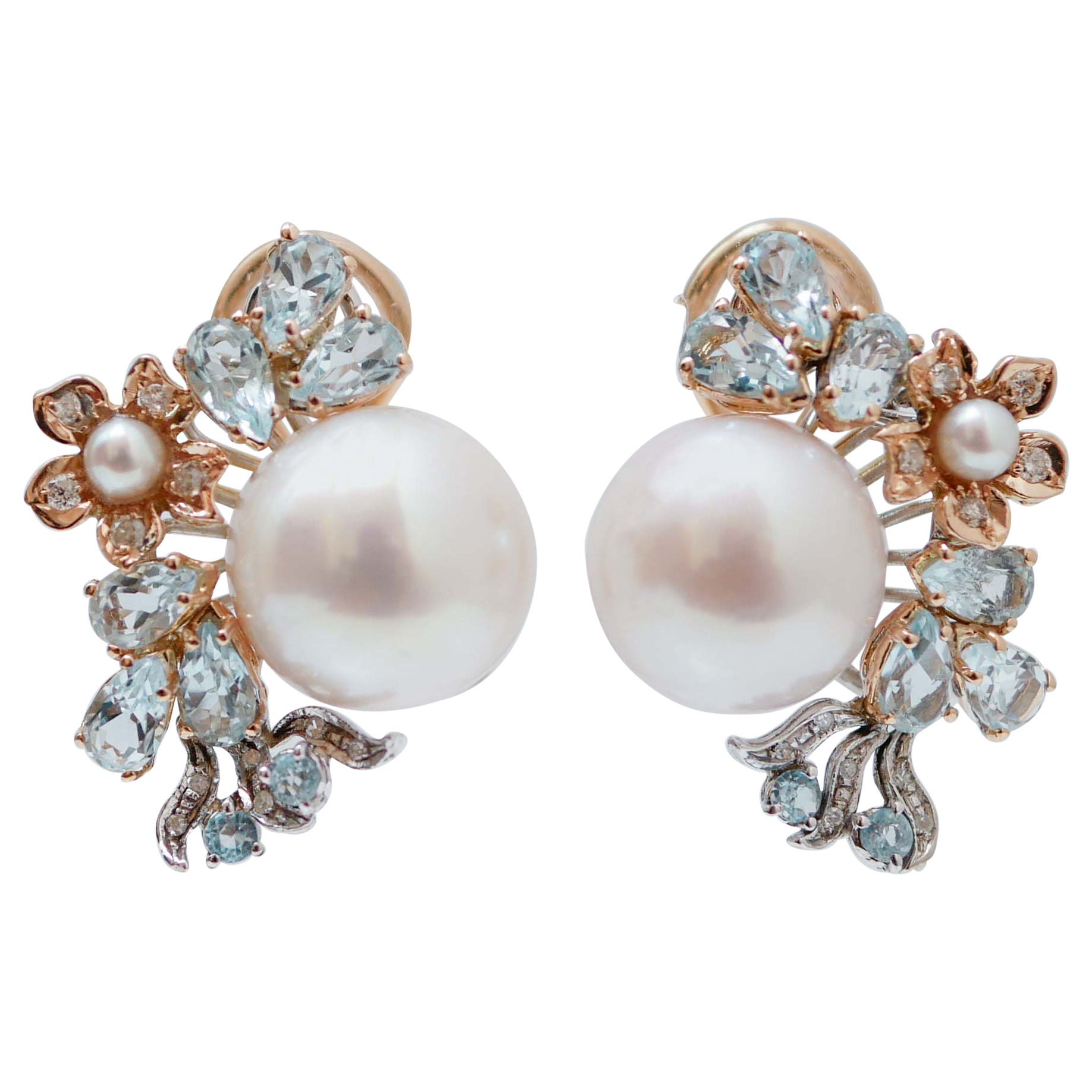 Boucles d'oreilles en or rose et blanc 14 carats avec perles, topaze et diamants