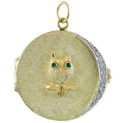 Vintage Great Owl Four Picture Gold Locket with Diamond Moon