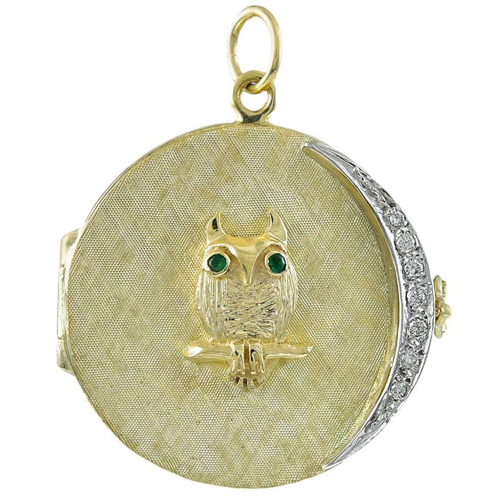 Great Owl Four Picture Gold Locket with Diamond Moon For Sale at 1stdibs