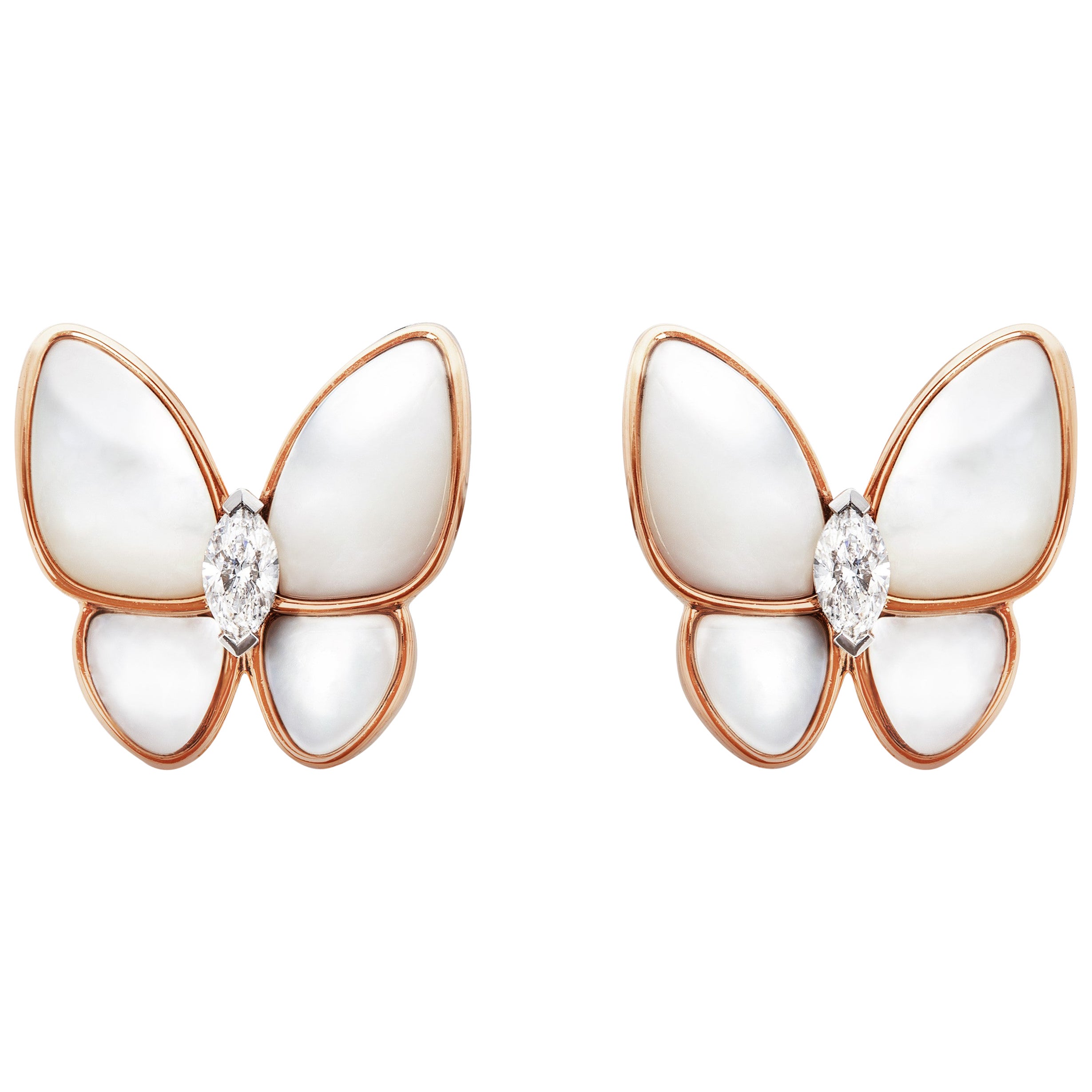 Van Cleef & Arpels two Butterfly rose Gold mop and marquise Diamonds Earrings For Sale