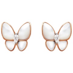 Vintage Van Cleef & Arpels two Butterfly rose Gold mop and marquise Diamonds Earrings