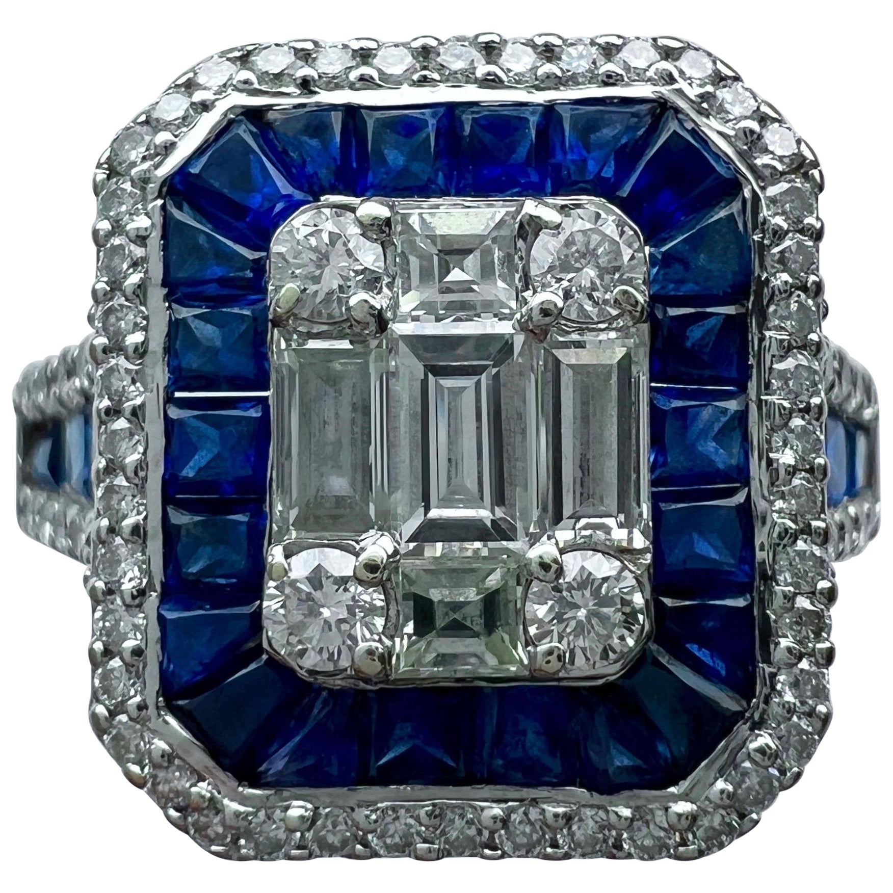 2 Carat Blue Sapphire Diamond Calibre Cut 18k White Gold Art Deco Cocktail Ring For Sale