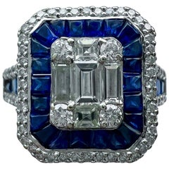 2 Carat Blue Sapphire Diamond Calibre Cut 18k White Gold Art Deco Cocktail Ring