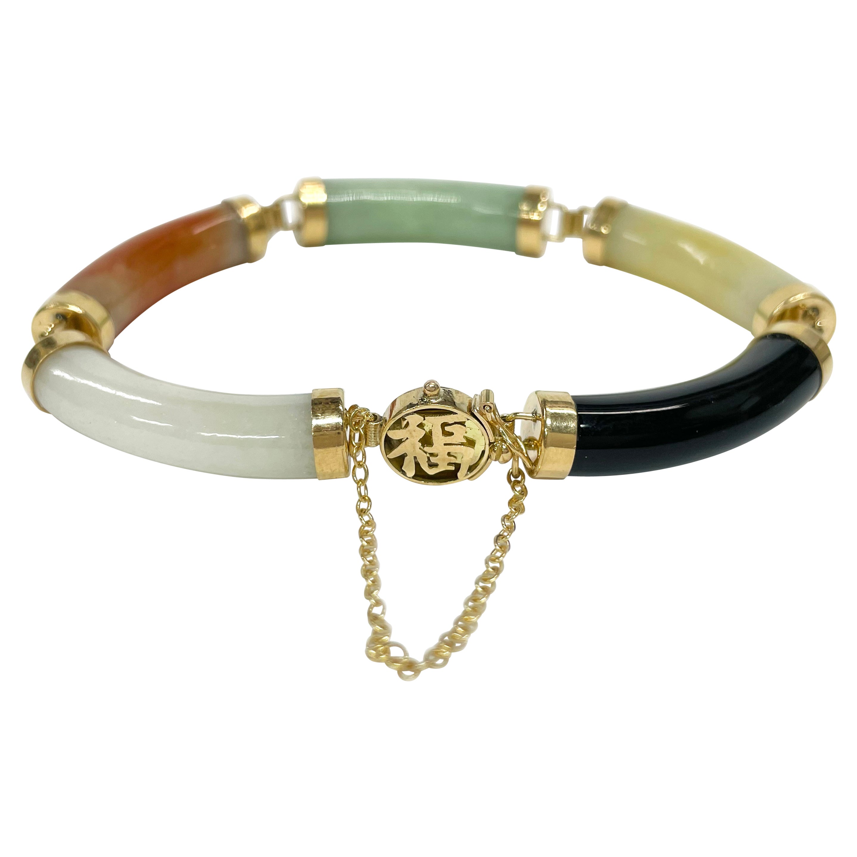 Yellow Gold Chinese Multi-Color Jade Link Bracelet For Sale