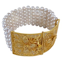 Marina J. Woven Pearl Bracelet with 18k Yellow Gold Plated Floral Clasp 
