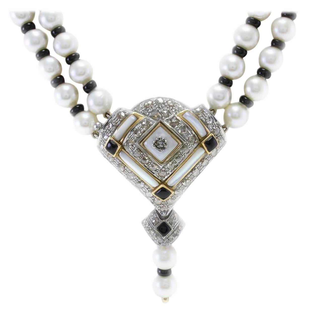 Pearl Onyx White Stone Diamond Gold Multi-Strand Necklace For Sale