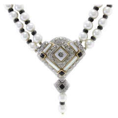 Pearl Onyx White Stone Diamond Gold Multi-Strand Necklace