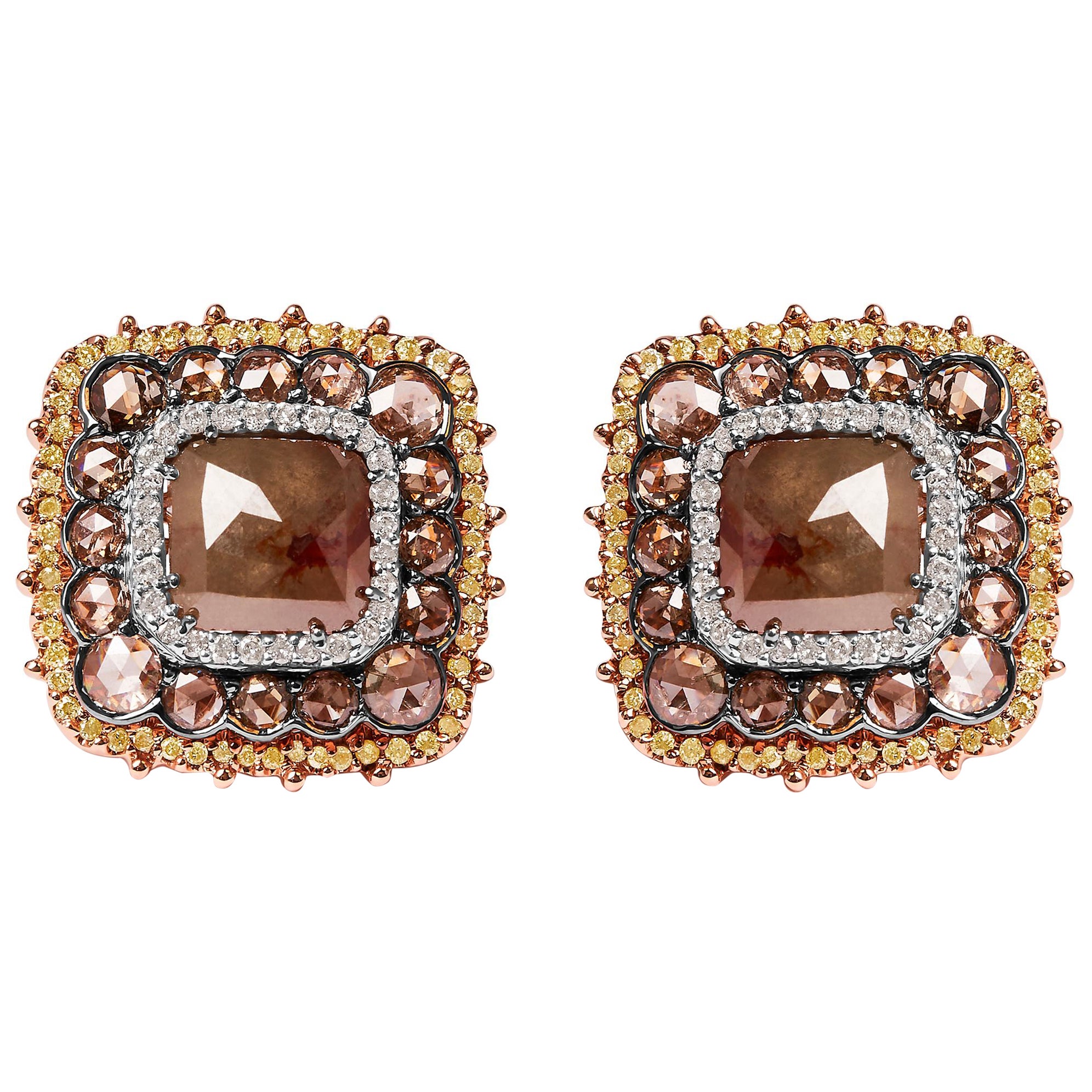 Clous d'oreilles en or rose 14 carats avec triple halo de diamants fantaisie en forme de coussin de 5 7/8 carats