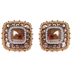 Clous d'oreilles en or rose 14 carats avec triple halo de diamants fantaisie en forme de coussin de 5 7/8 carats