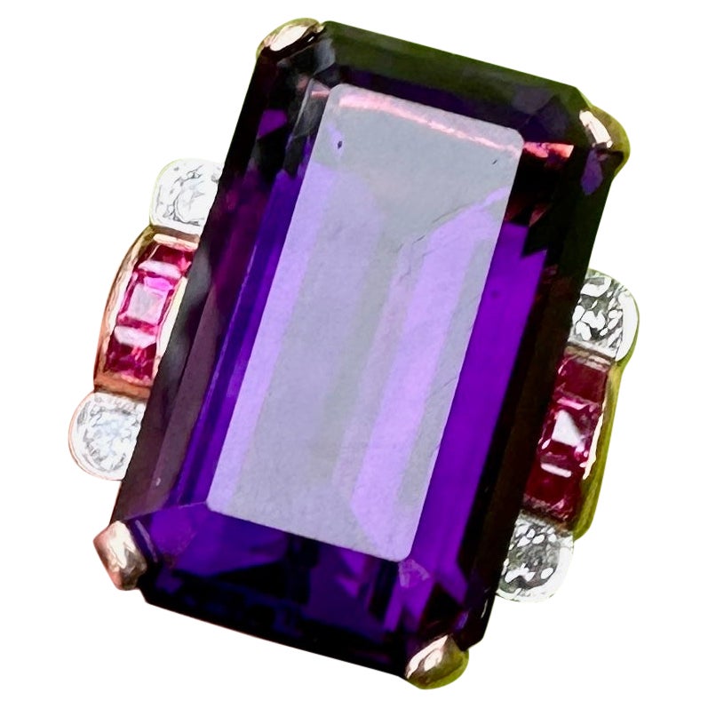Art Deco 23 Carat Siberian Amethyst Ring Old Mine Diamond Ruby 14 Karat Gold For Sale